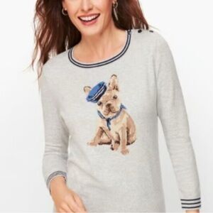 Talbots Gray Frenchie Sailor Bull Dog Pull Over Lightweight Sweater Graphic Sz L